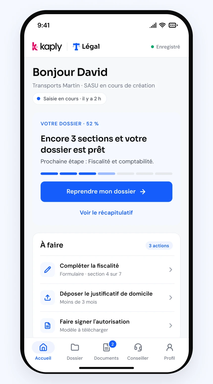 Aperçu de l'espace Kaply Légal sur téléphone : progression du dossier, actions à faire et documents
