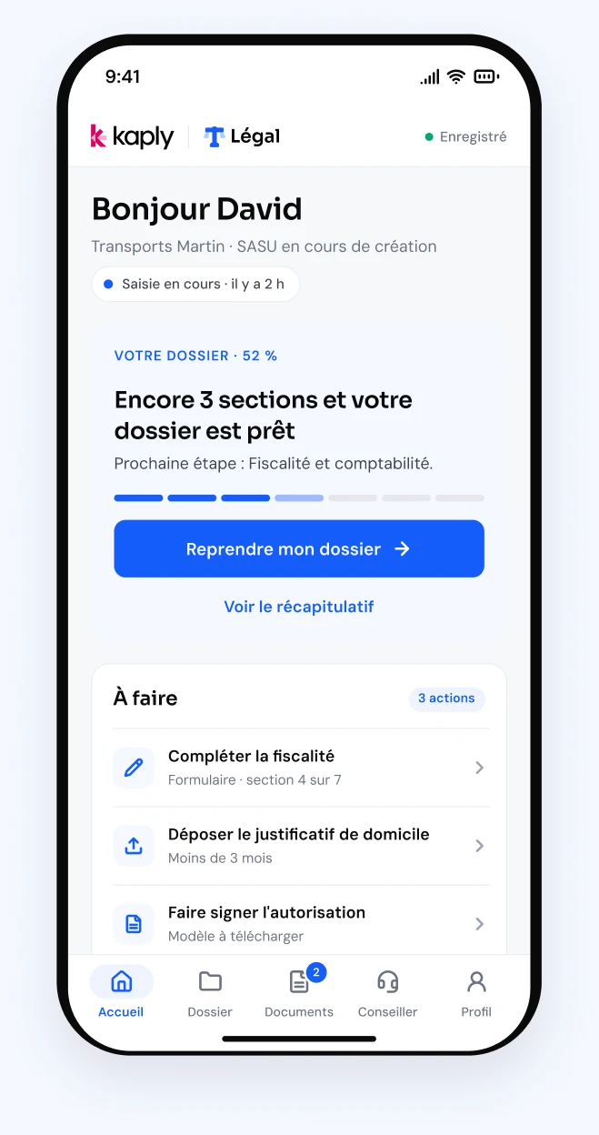 Aperçu de l'espace Kaply Légal sur téléphone : progression du dossier, actions à faire et documents